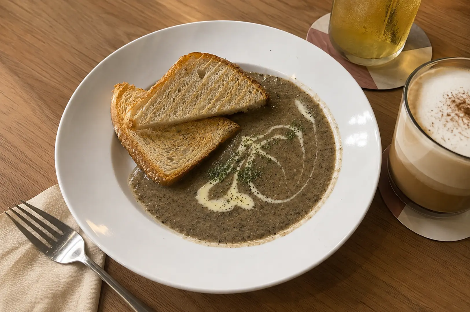 Creamy mushroom soup with toasted bread served with a latte and a refreshing iced drink.