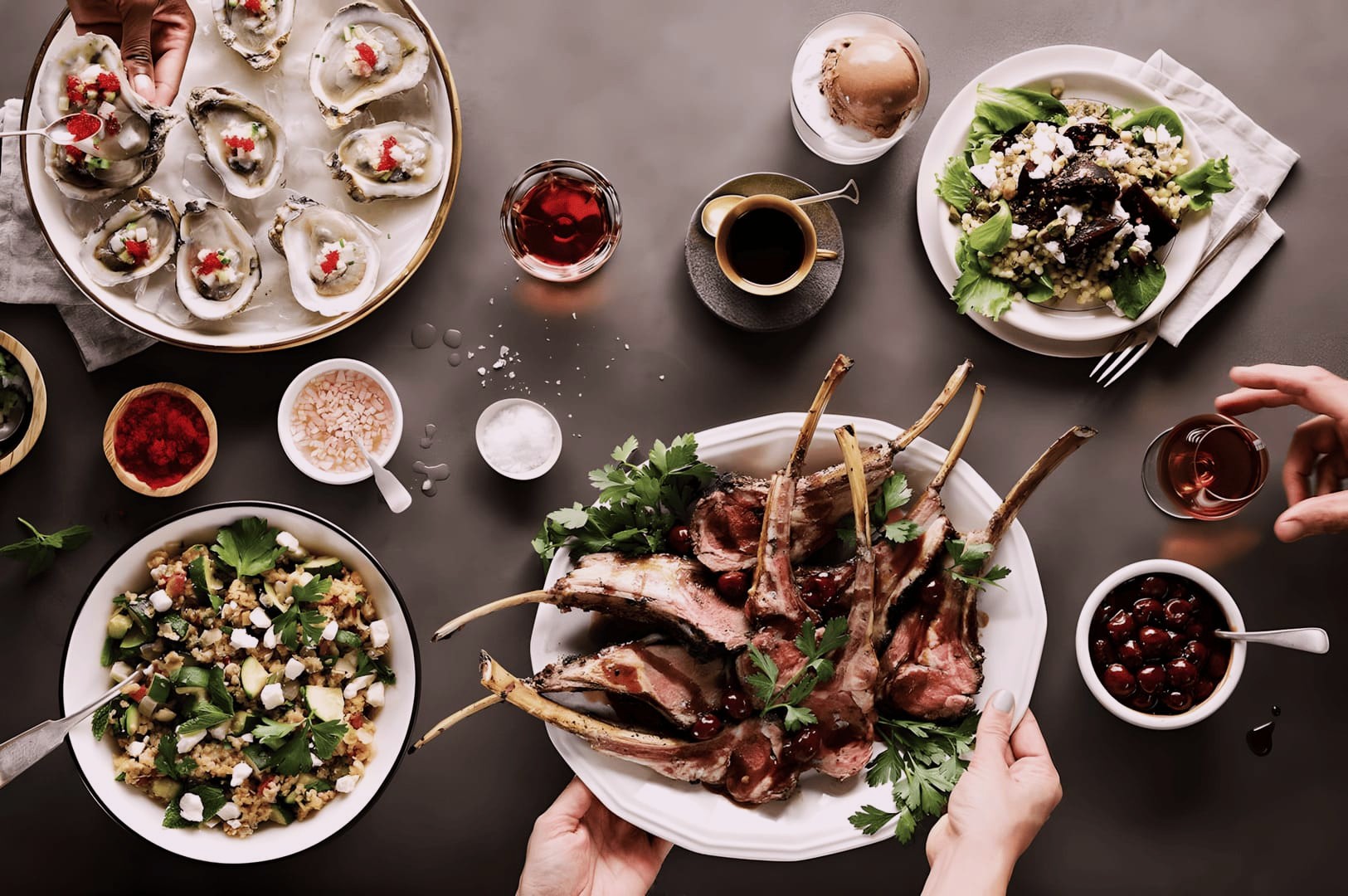 A banquet table displaying an assortment of East Meets West dishes and beverages, highlighting culinary diversity.
