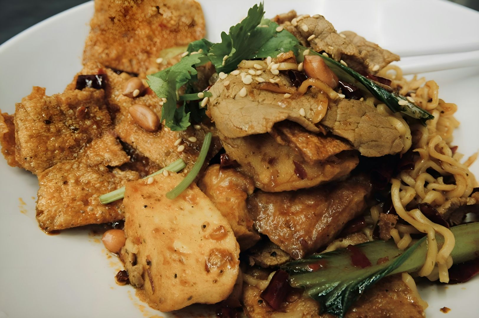 A plate of Asian-style noodles topped with tofu, tender beef slices, peanuts, and vegetables, garnished with cilantro and sesame seeds, evokes a savory aroma.