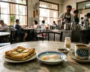 A traditional kopitiam breakfast with a cup of hot kopi served alongside kaya toast and soft-boiled eggs on a table, capturing the classic morning ritual at a local coffee shop.