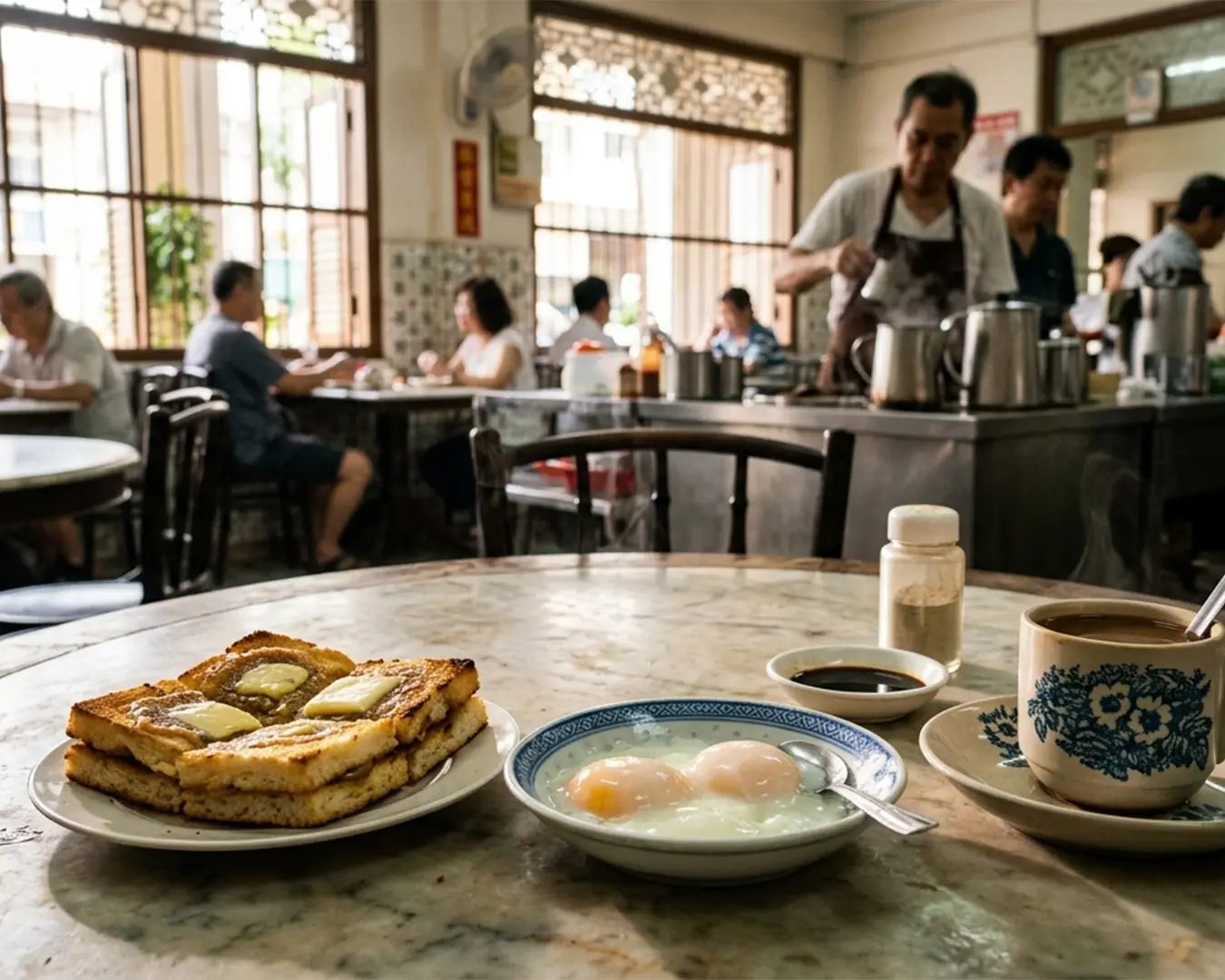 A traditional kopitiam breakfast with a cup of hot kopi served alongside kaya toast and soft-boiled eggs on a table, capturing the classic morning ritual at a local coffee shop.