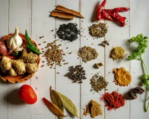 A close-up of assorted Indian spices including cumin seeds, black mustard seeds, and vibrant turmeric powder showcasing rich colours and aromatic ingredients commonly used in traditional cooking.