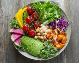 A colourful plate of freshly prepared vegetarian dishes, featuring a mix of vegetables, grains, and legumes arranged neatly for a balanced meal.