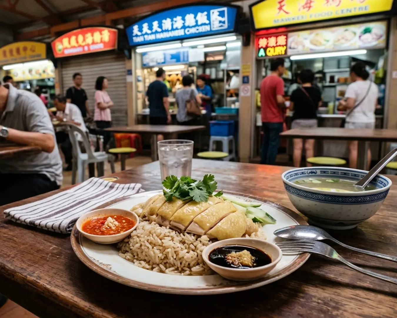 A plate of Hainanese chicken rice served at a local food stall, with tender sliced chicken, fragrant rice, and small bowls of chilli sauce and ginger paste.