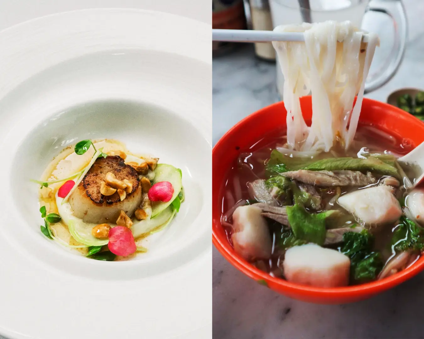 A visual comparison of hawker meals and restaurant dining, highlighting the difference between casual street food culture and more formal dining experiences.