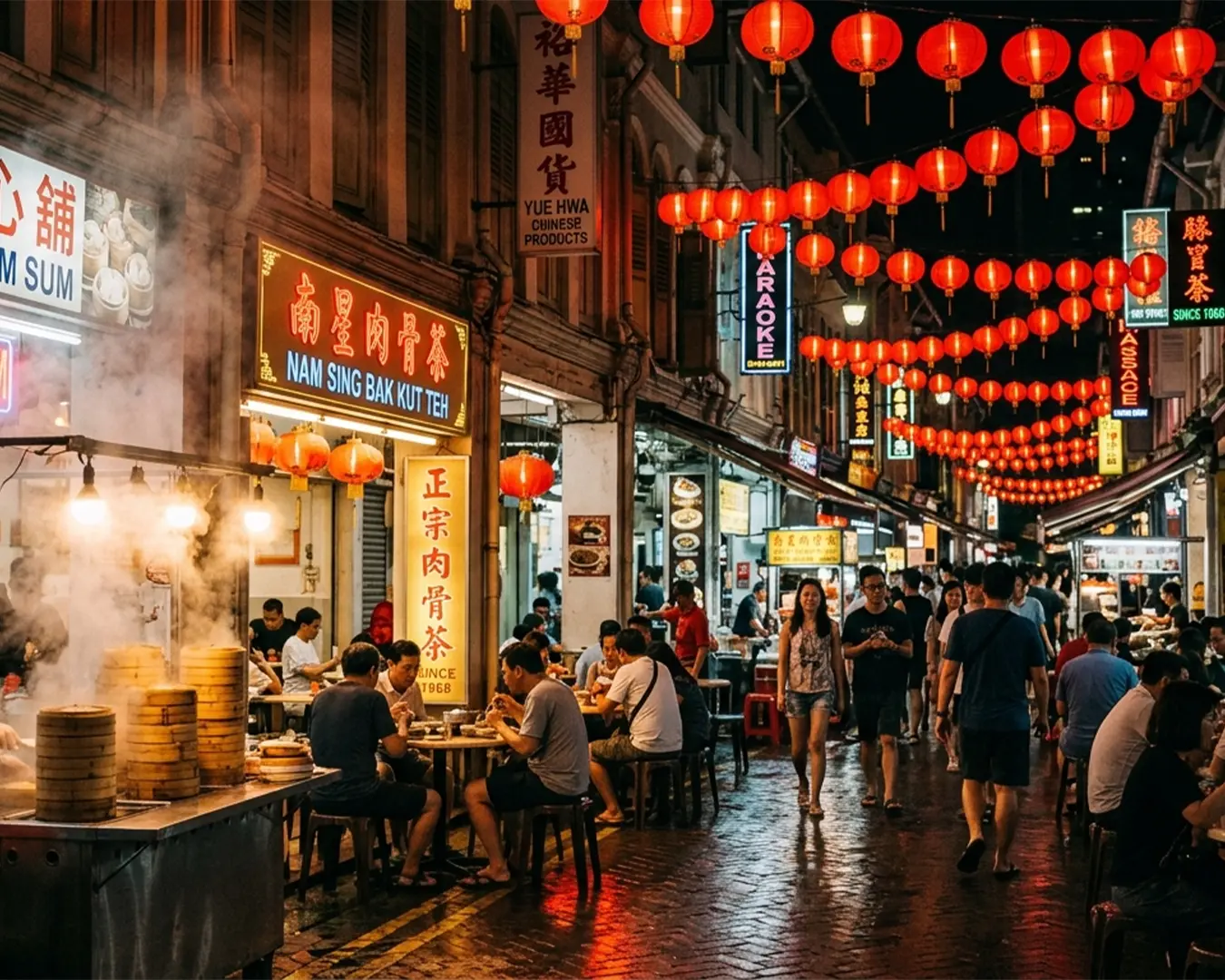 A lively night scene at Chinatown food street, filled with glowing stall lights, busy diners, and rows of hawker stalls serving local dishes.