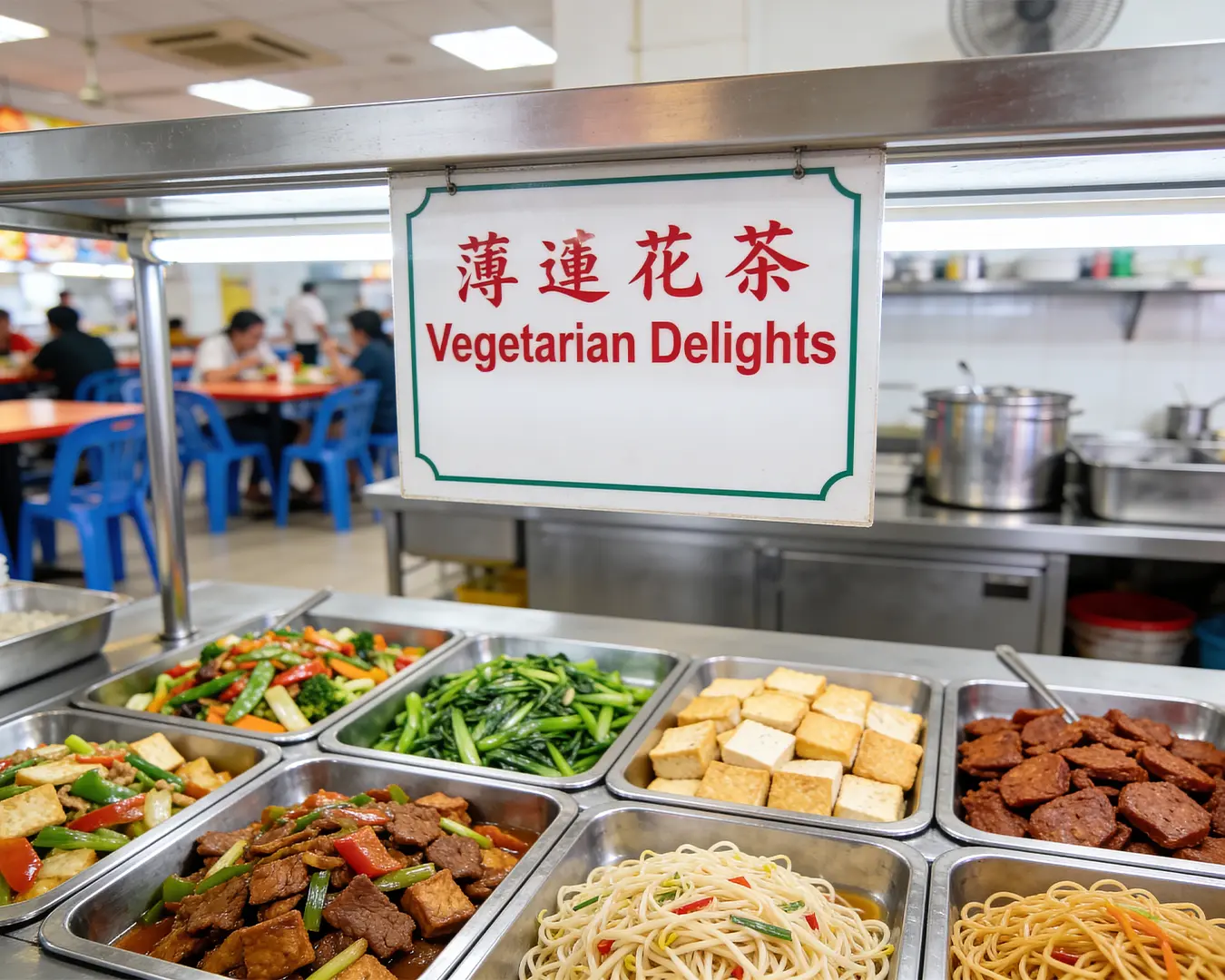 A hawker stall offering a wide variety of vegetarian dishes, displaying trays of colourful vegetables, tofu, and meat alternatives.