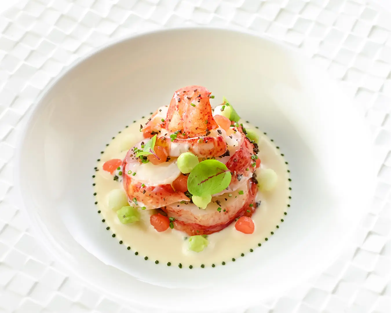 Gourmet dish of delicate lobster medallions stacked elegantly, garnished with bright microgreens and colorful sauces, on a white textured plate.