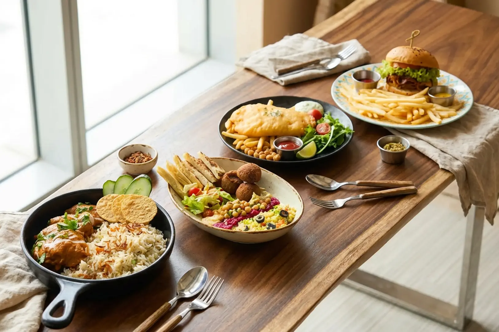 Wooden table displaying variety of international lunch dishes including curry with rice, Mediterranean bowl with falafel and hummus, fish and chips, and burger with fries