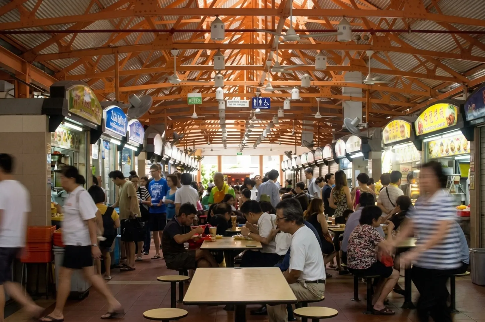 Crowded hawker centre with distinctive orange wooden ceiling beams and packed dining tables
