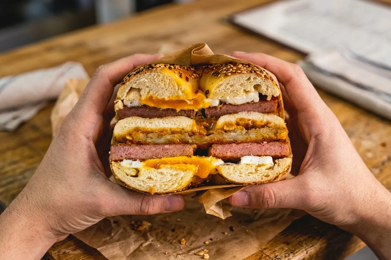 Hands holding a large double-decker bagel sandwich filled with layers of meat, melted cheese, and egg