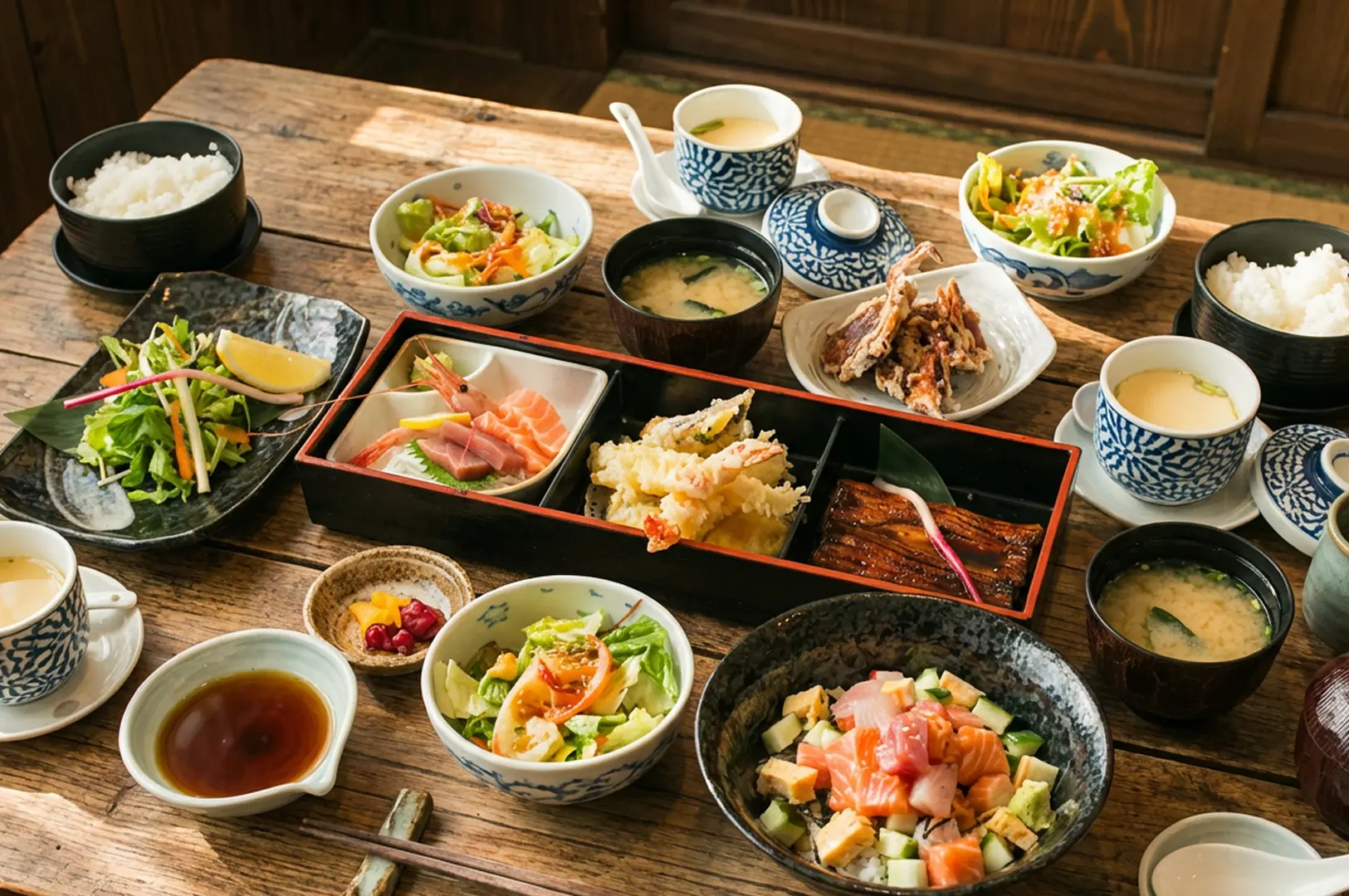 Traditional Japanese set meal spread featuring bento box with sashimi and tempura, rice bowls, miso soup, salads, and various side dishes on rustic wooden table