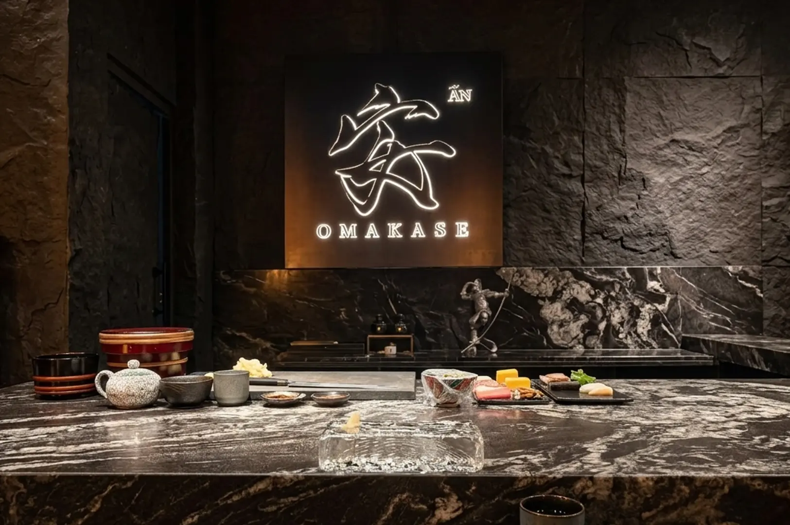 Dark marble sushi counter at AN Omakase with illuminated logo and dining setup.