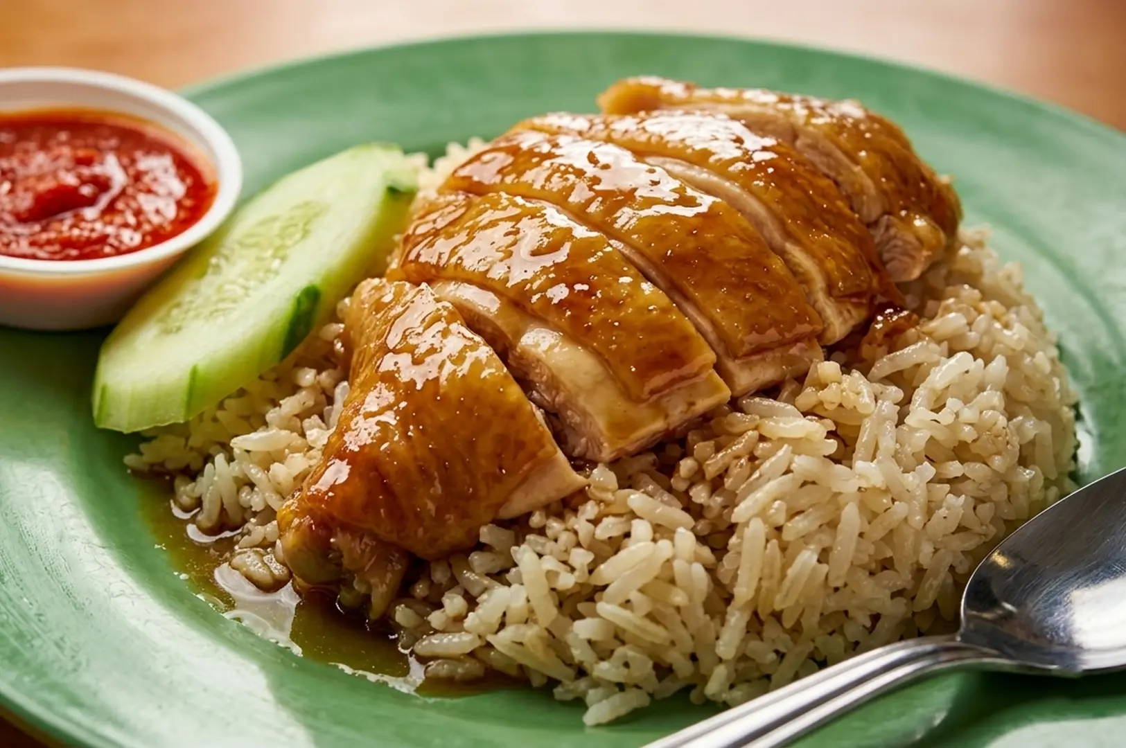 Sliced Hainanese chicken served on fragrant rice with cucumber slices and red chili sauce on a green plate