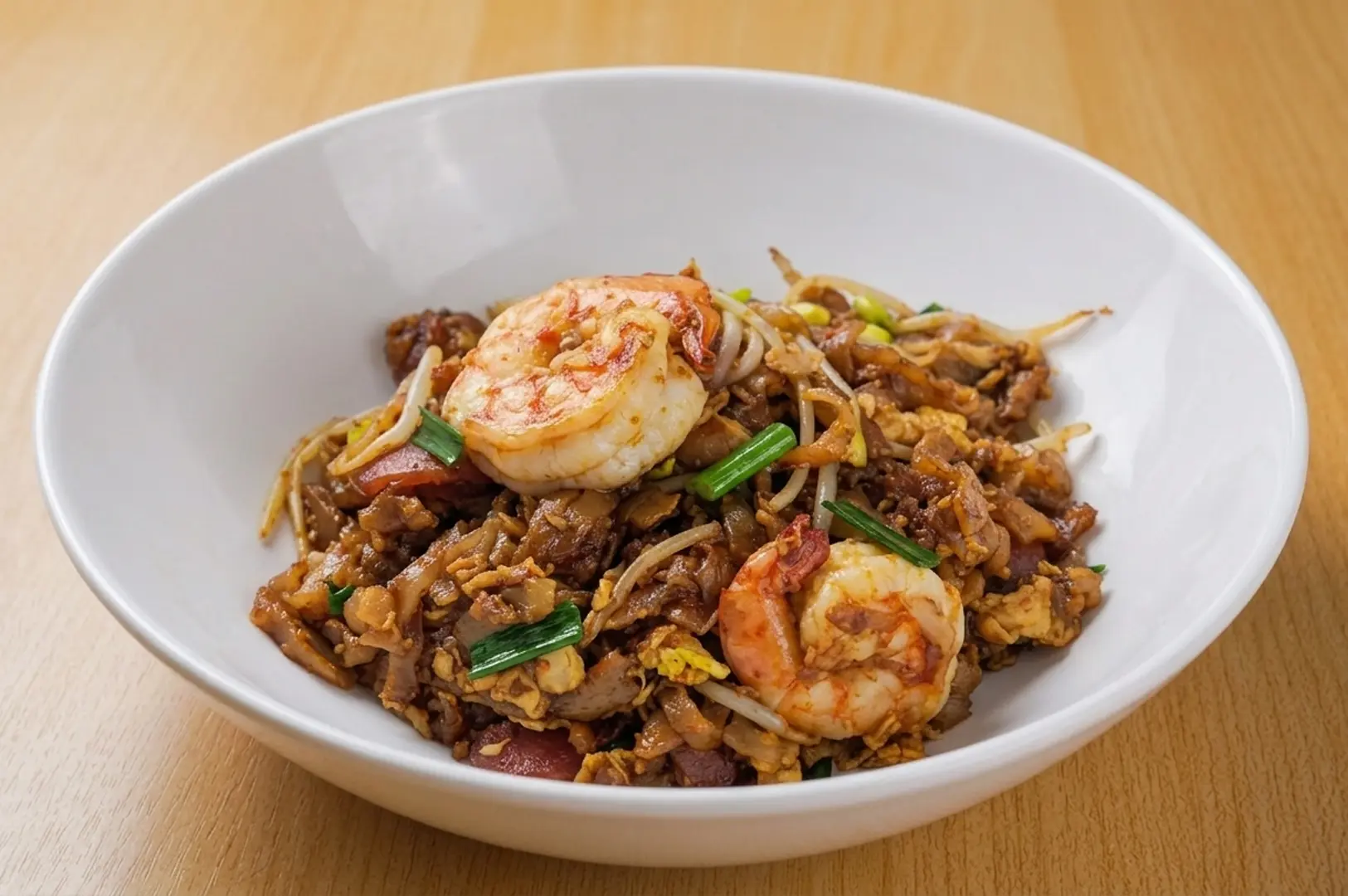 Char kway teow with shrimp, bean sprouts, and stir-fried flat rice noodles in a white bowl