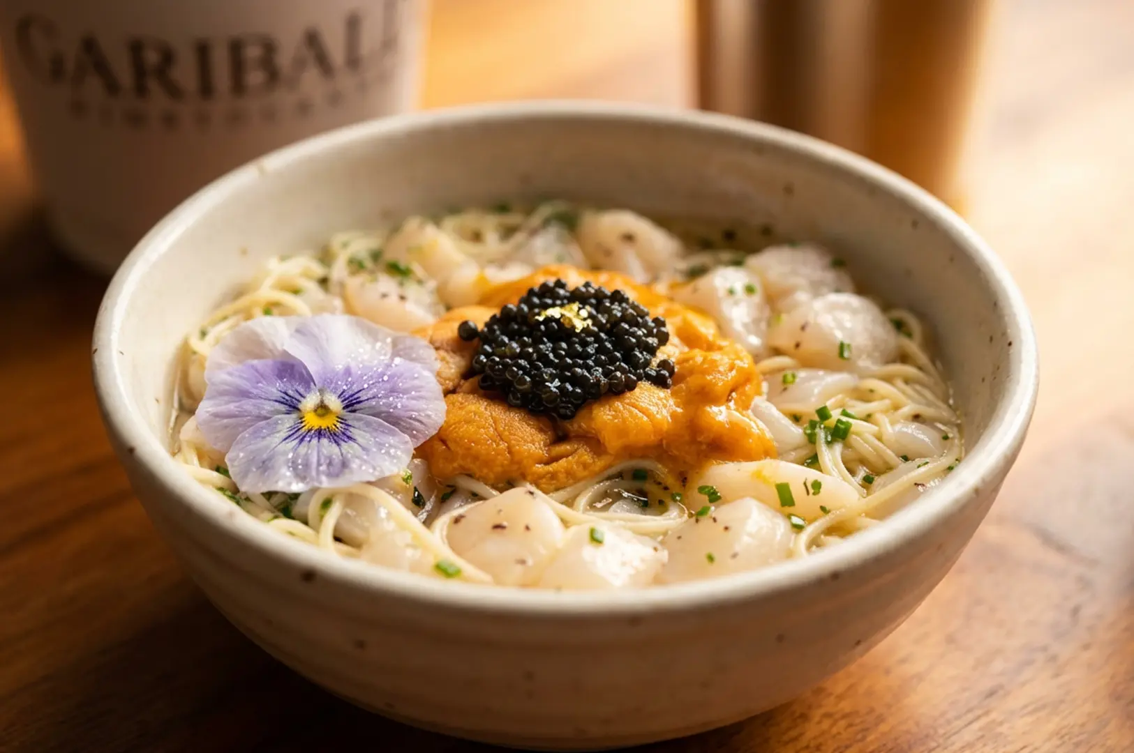 Gourmet pasta dish with fresh scallops, golden uni sea urchin, black caviar and purple edible flower in rustic ceramic bowl, Garibaldi restaurant branding visible in background