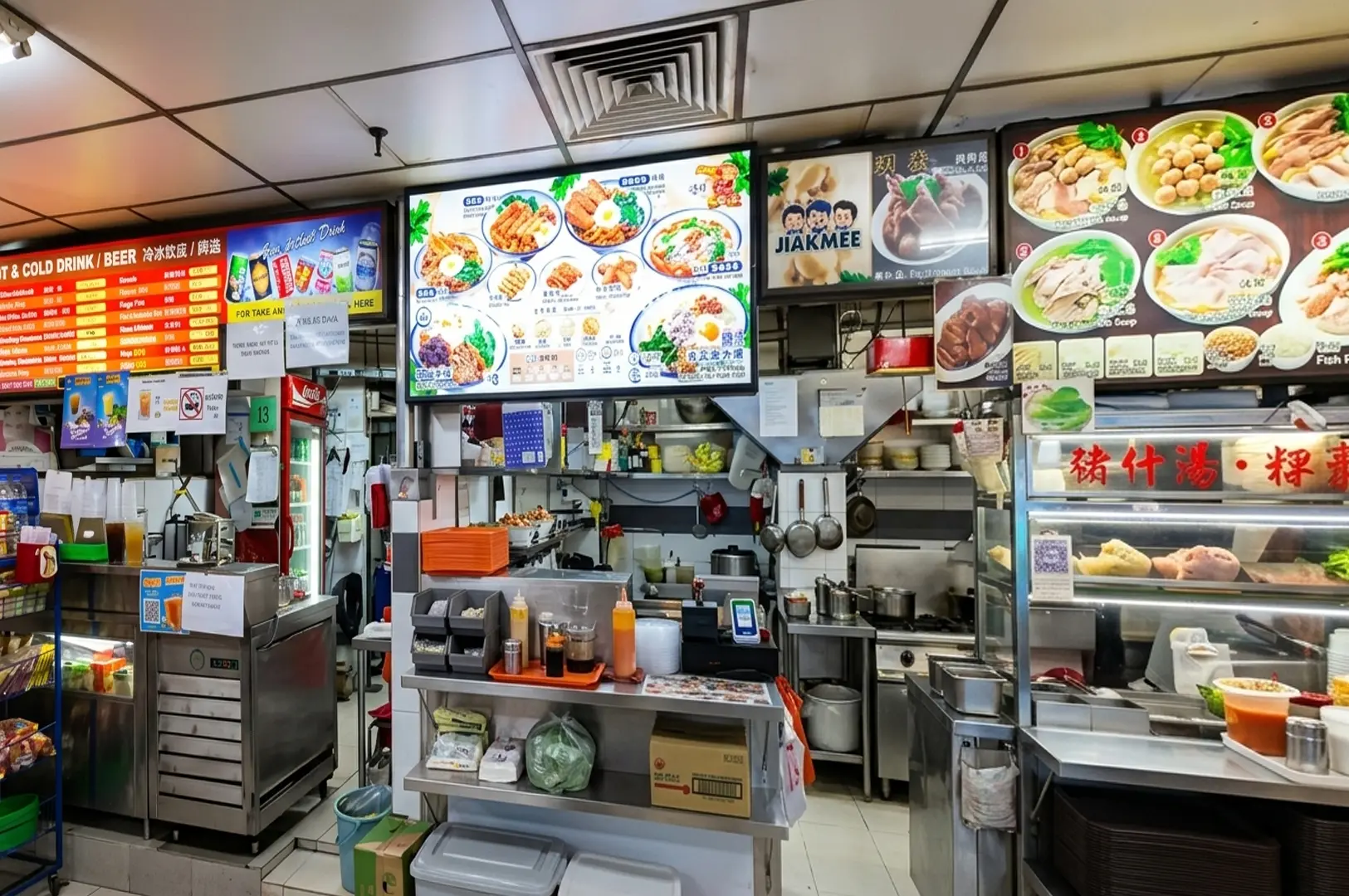 Hawker centre food stall with illuminated menu boards displaying various dishes, drink station, and kitchen equipment