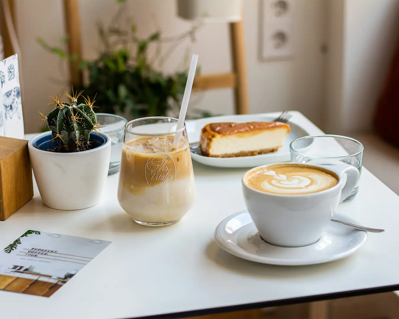 A cozy white table setting with a cappuccino, iced coffee, cheesecake slice, and small cactus in a pot, creating a relaxed and inviting atmosphere.