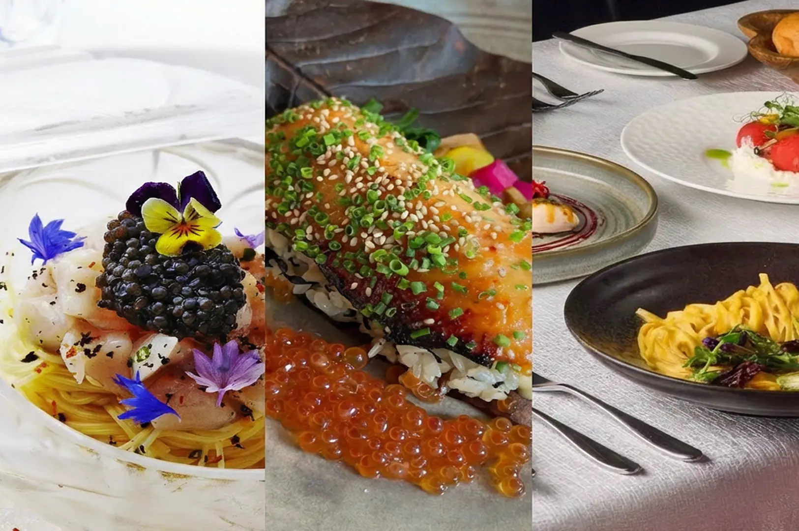 Three upscale Italian dishes featuring pasta with caviar and edible flowers, seared salmon with sesame and ikura roe, and fresh pasta with herbs on elegant white table setting