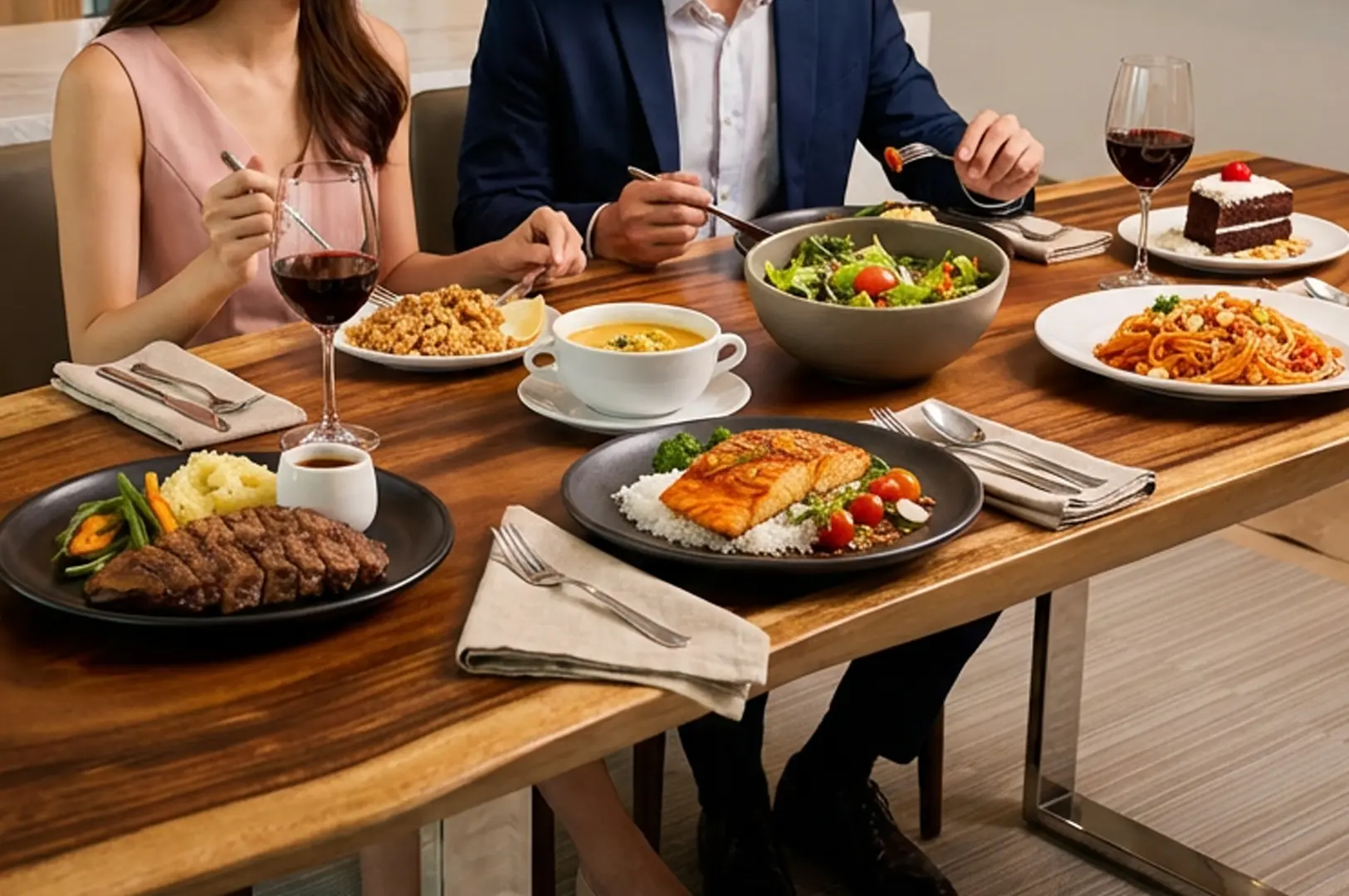 Asian-fusion business lunch spread at Singapore restaurant featuring grilled meat with vegetables, teriyaki salmon with rice, pasta dish, soup, fresh salad, fried rice, and dessert with wine, showcasing modern Singaporean dining culture