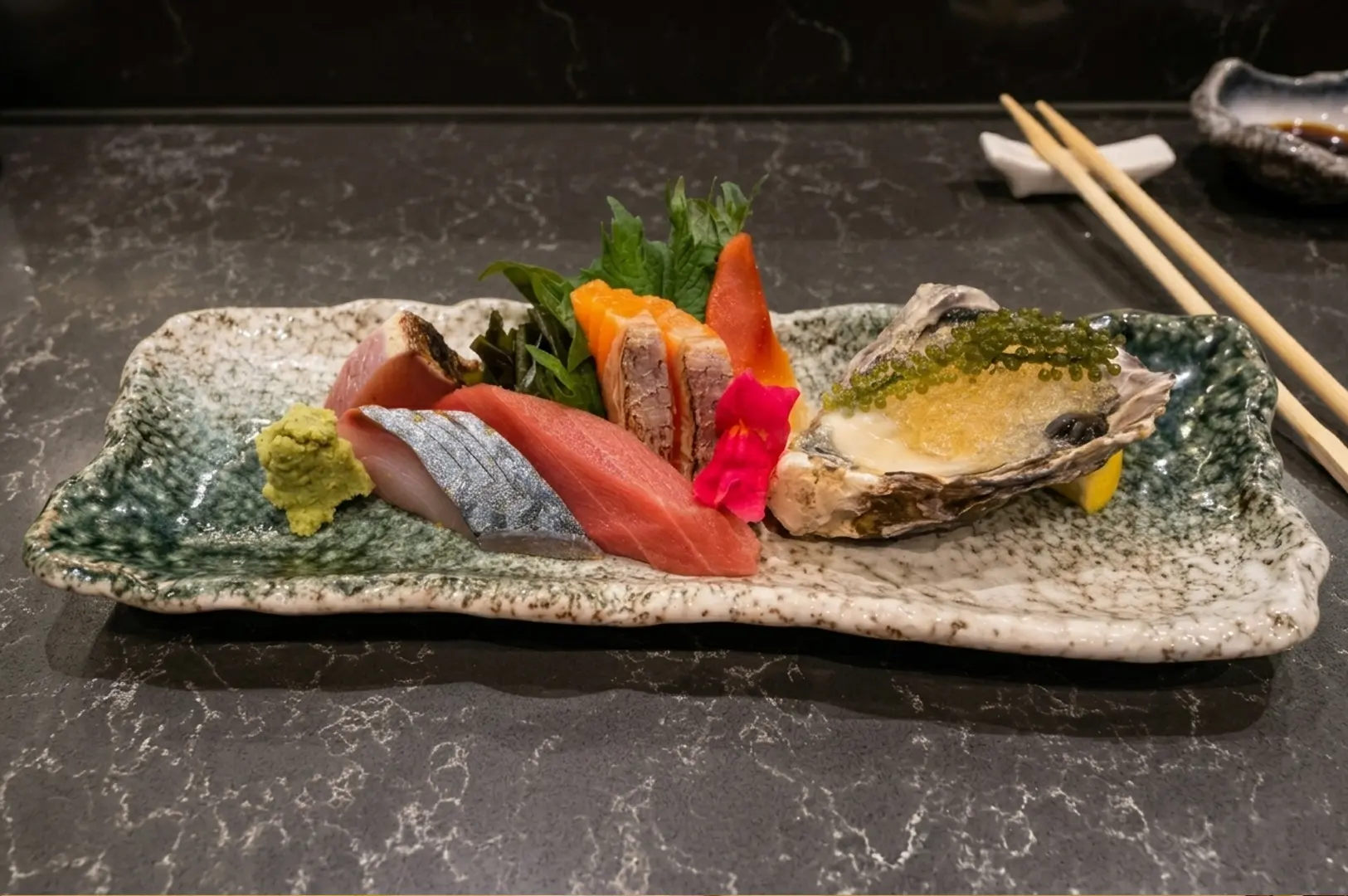 Assorted sashimi platter with fresh tuna, salmon, oyster with caviar, and wasabi on textured ceramic plate at Gary's Omakase.