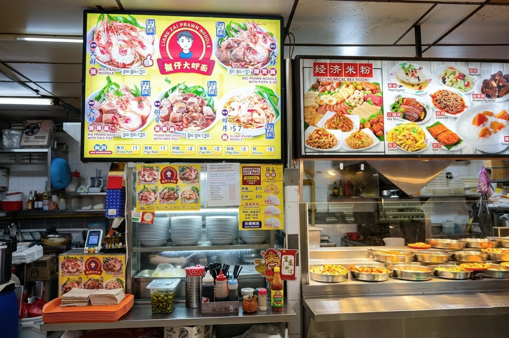 Adjacent hawker stalls featuring big prawn noodle and economical bee hoon with colorful menu boards and stacks of bowls