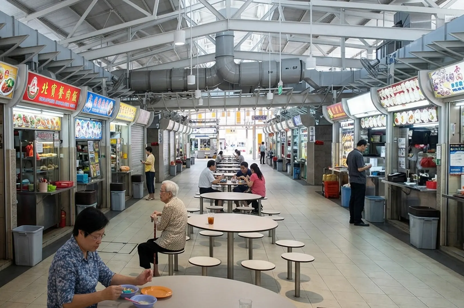 Modern hawker centre interior with exposed ceiling beams, food stalls on both sides, and diners at round tables with attached stools