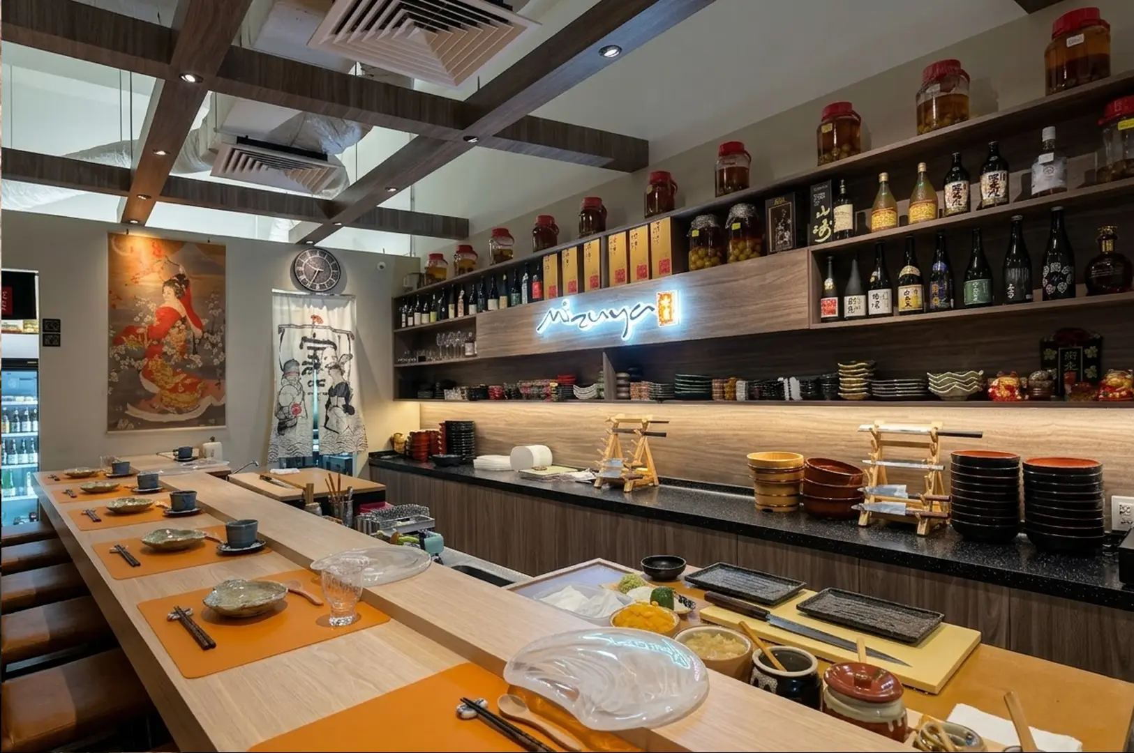Mizuya omakase counter at Orchid Hotel with sake display, traditional Japanese artwork, and orange place settings.