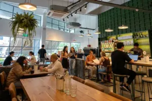 Customers sitting at tables and counters in a bright, modern cafe with large windows, hanging plants, and a green tiled wall
