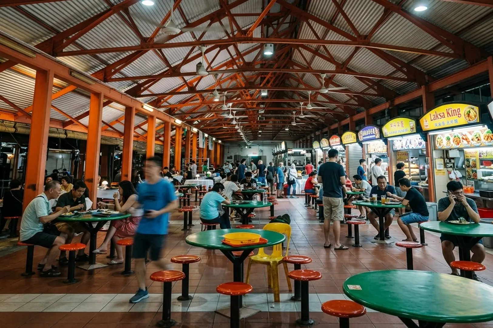 Singapore hawker center interior with orange truss ceiling, patrons dining at green tables, food stalls with Chinese signage including Lao Ba Beancurd