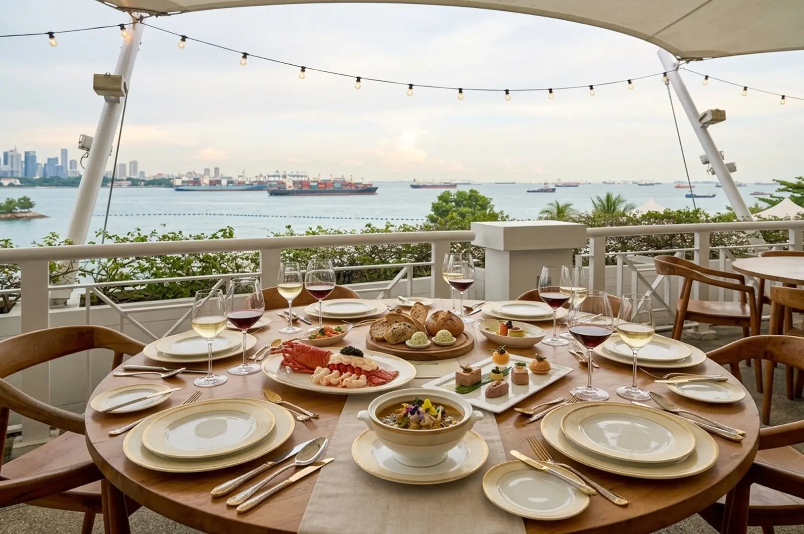 Elegant waterfront dining table set with gourmet courses overlooking Singapore harbor and cargo ships