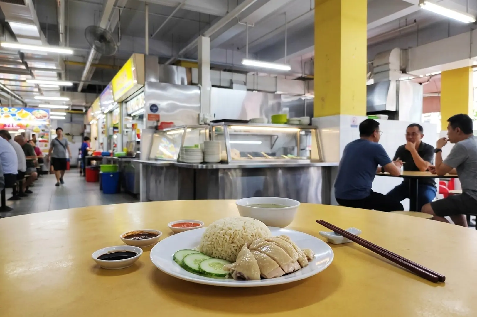 A plate of Hainanese chicken rice with cucumber slices and dipping sauces sits on a yellow round table in a bustling Singapore hawker centre, with diners eating in the background