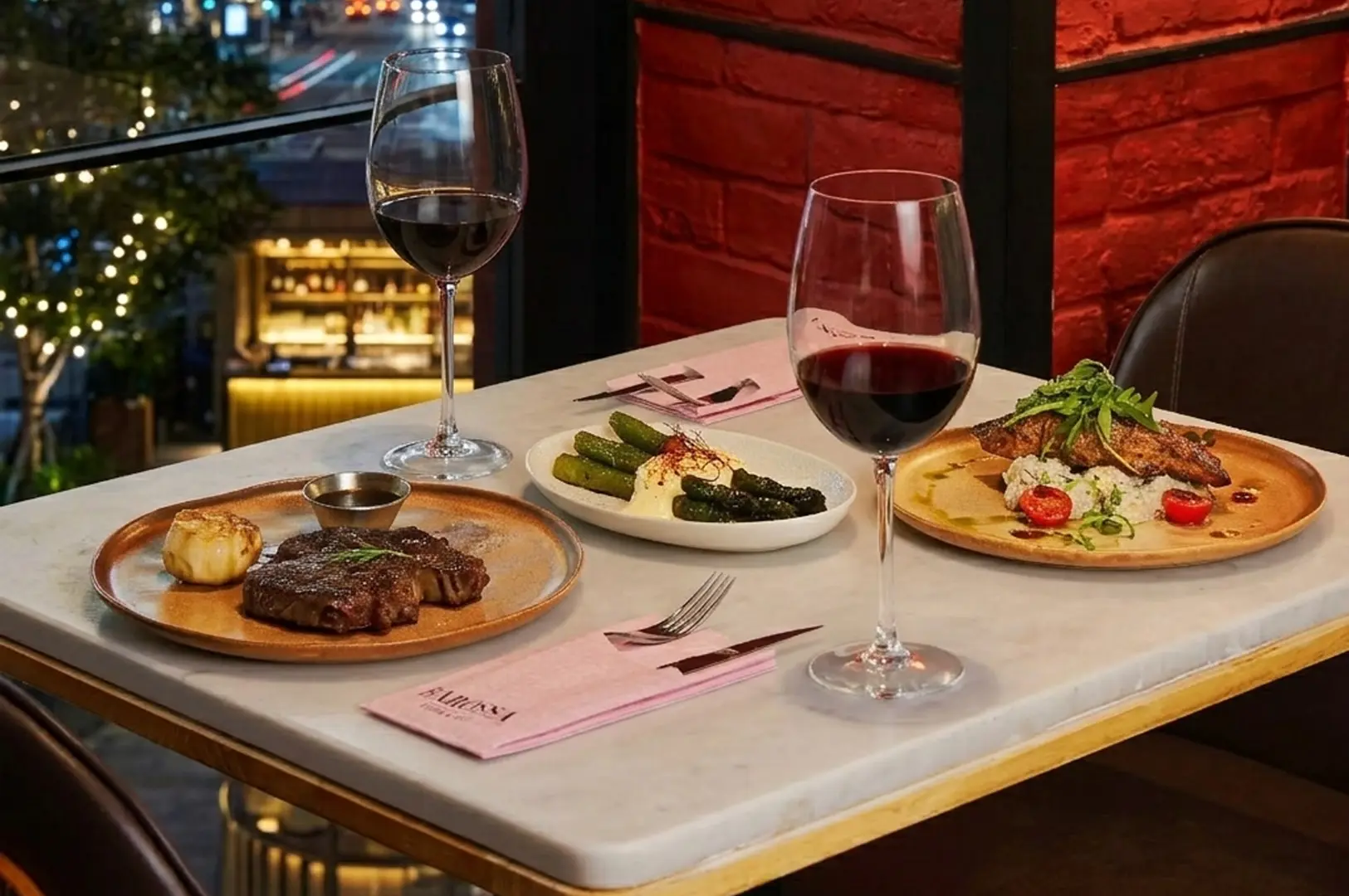 Romantic dinner table for two set with steak, fish, asparagus, and red wine glasses with city night views