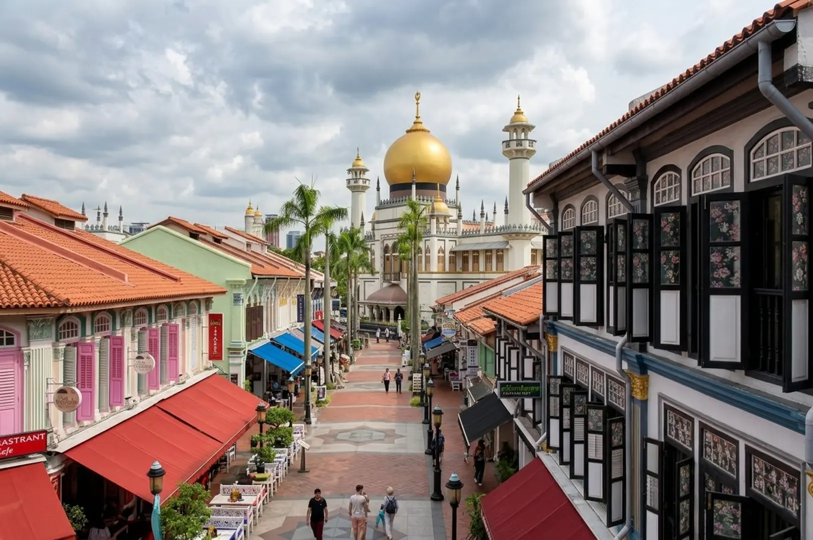 Colorful heritage shophouses lining a street leading to the golden dome of Sultan Mosque