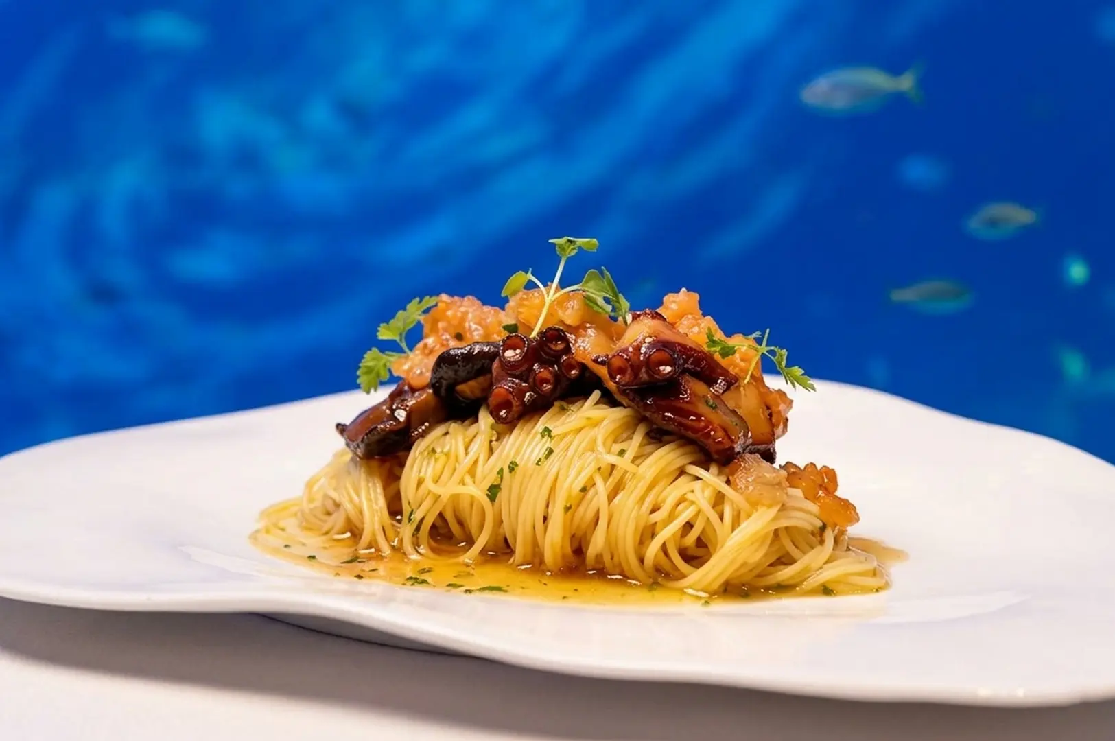 Octopus pasta dish plated against vibrant blue aquarium backdrop with swimming fish