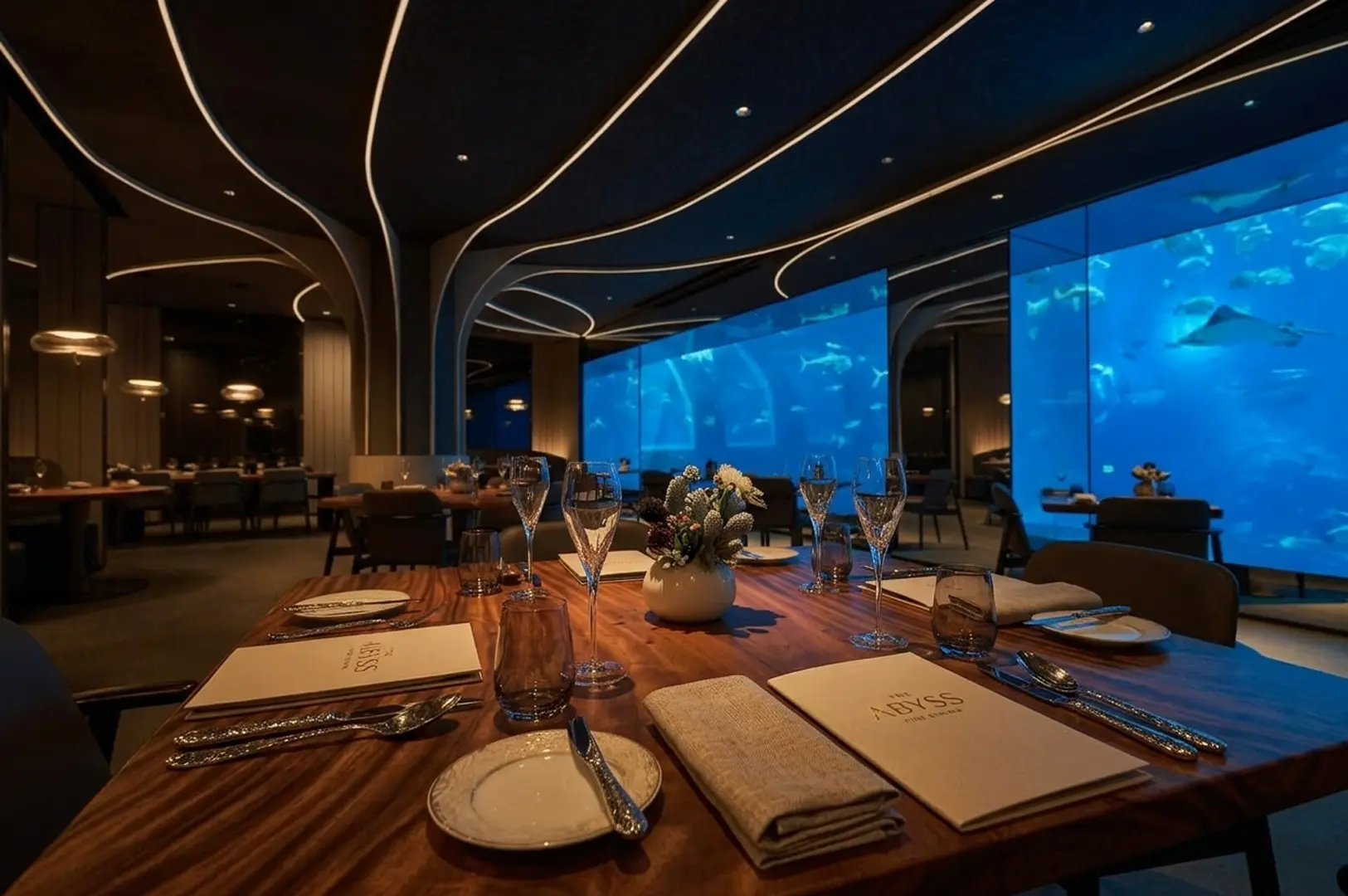 Upscale underwater restaurant interior with floor-to-ceiling aquarium windows and elegant table settings at Abyss