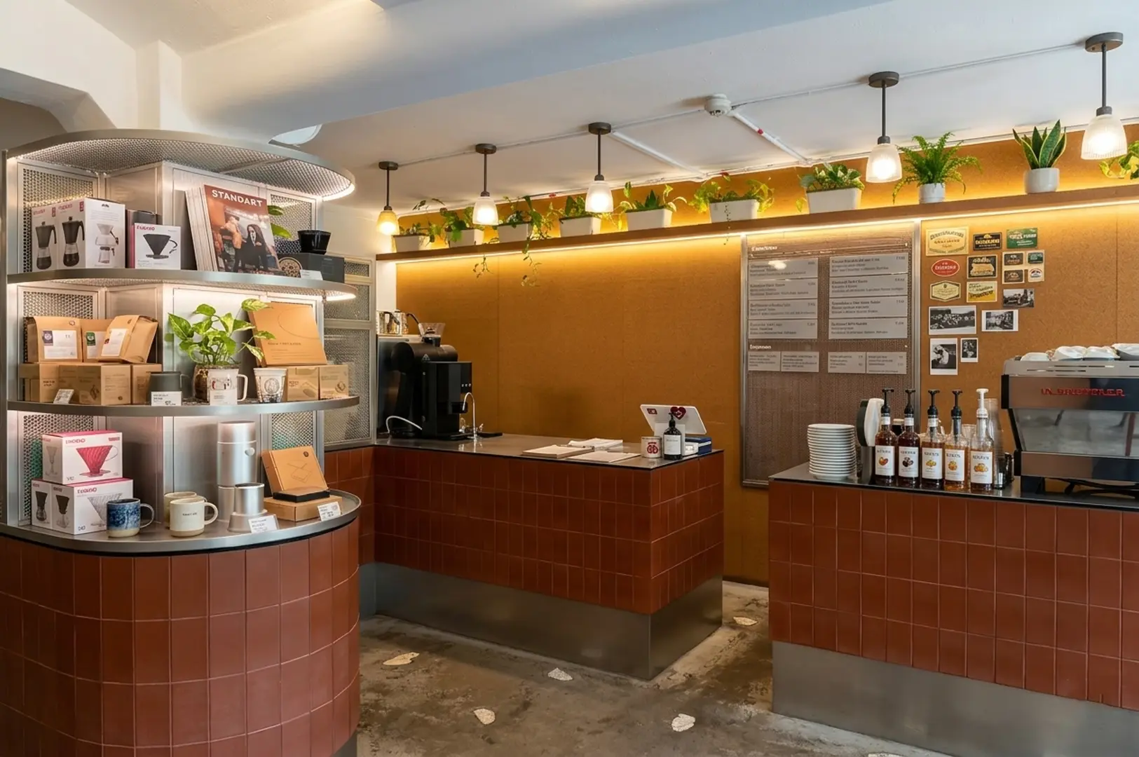 Interior view of a coffee shop counter with terracotta tiles, shelves displaying coffee beans and brewing equipment, and a menu board