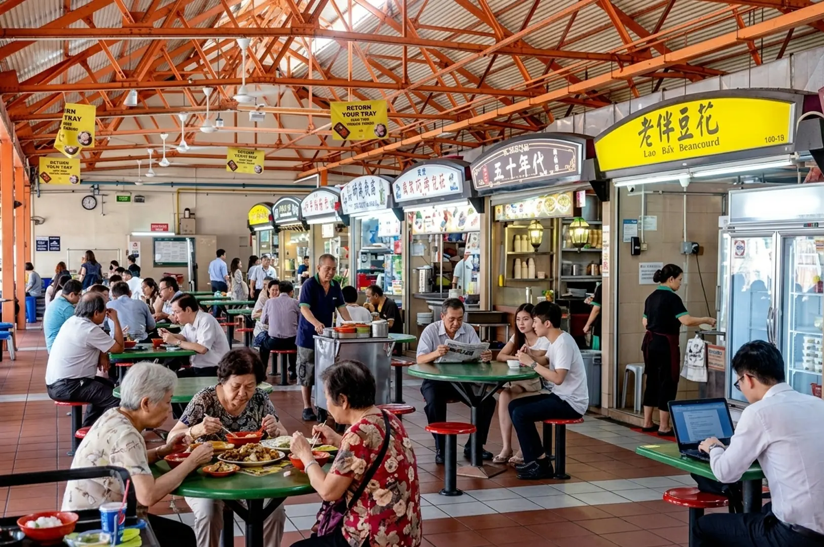 Bustling Singapore hawker center with orange steel beams, green tables, ceiling fans, and diners eating at various food stalls including Laksa King