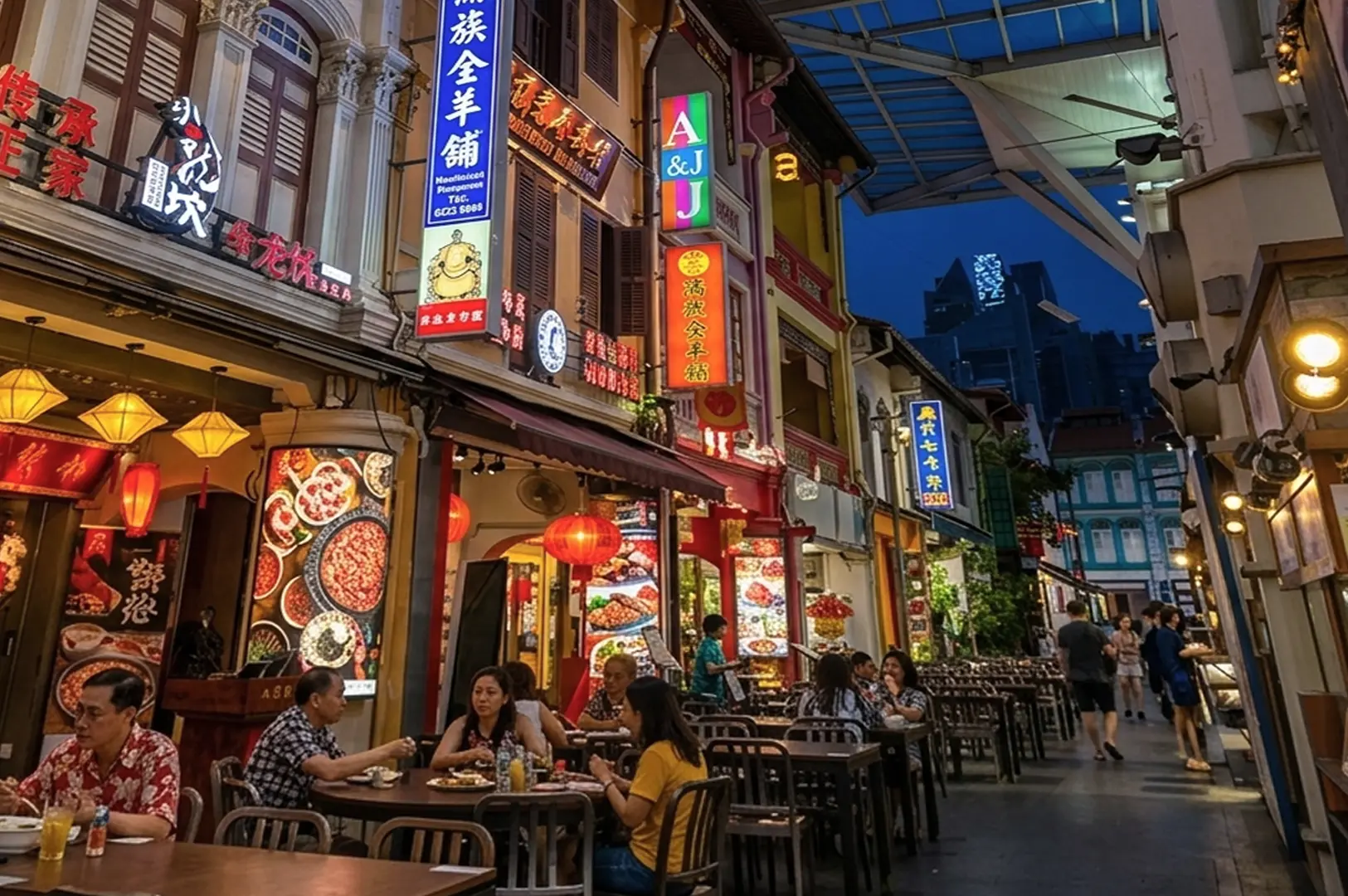 Vibrant street scene in Chinatown Singapore at night, featuring colorful neon signs, traditional shophouses, and couples dining at outdoor tables under warm lantern light