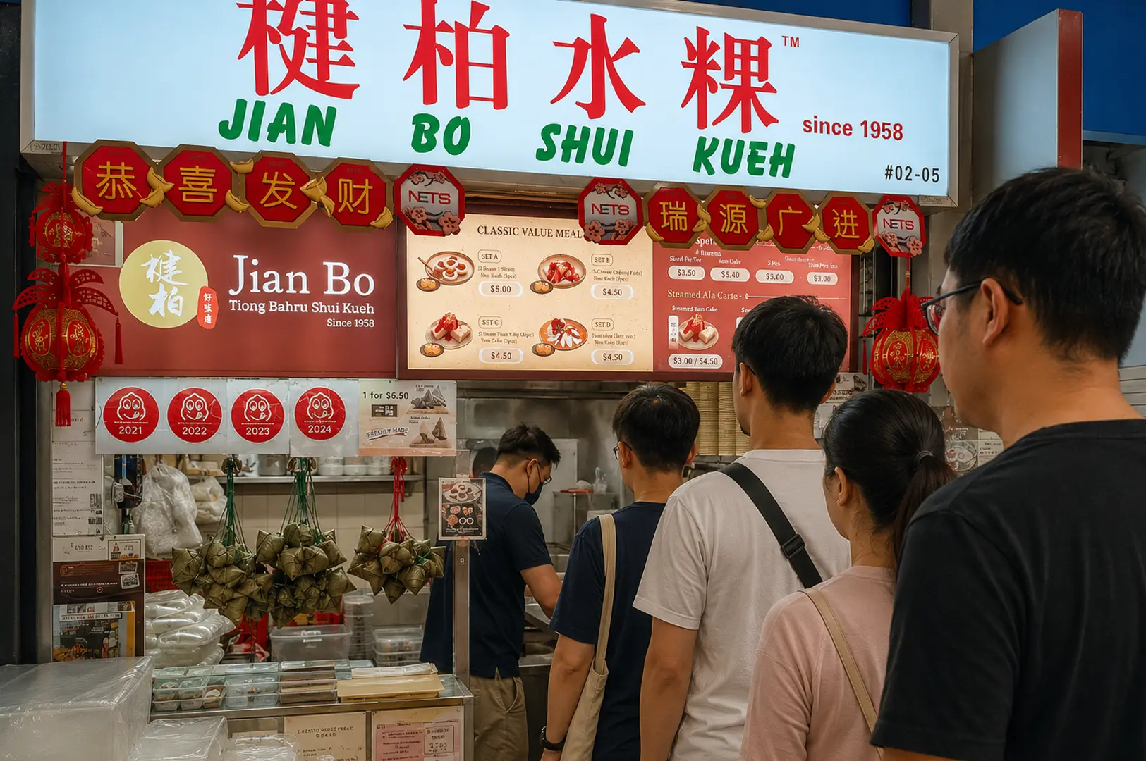 Customers queuing at Jian Bo Tiong Bahru Shui Kueh stall with red signage and menu