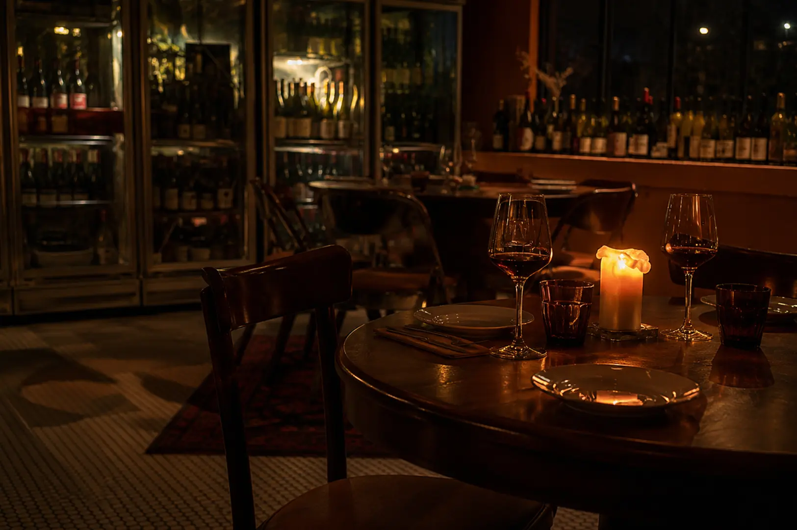 Cozy wine bar interior with candlelit table, wine glasses, and a relaxing evening ambiance.
