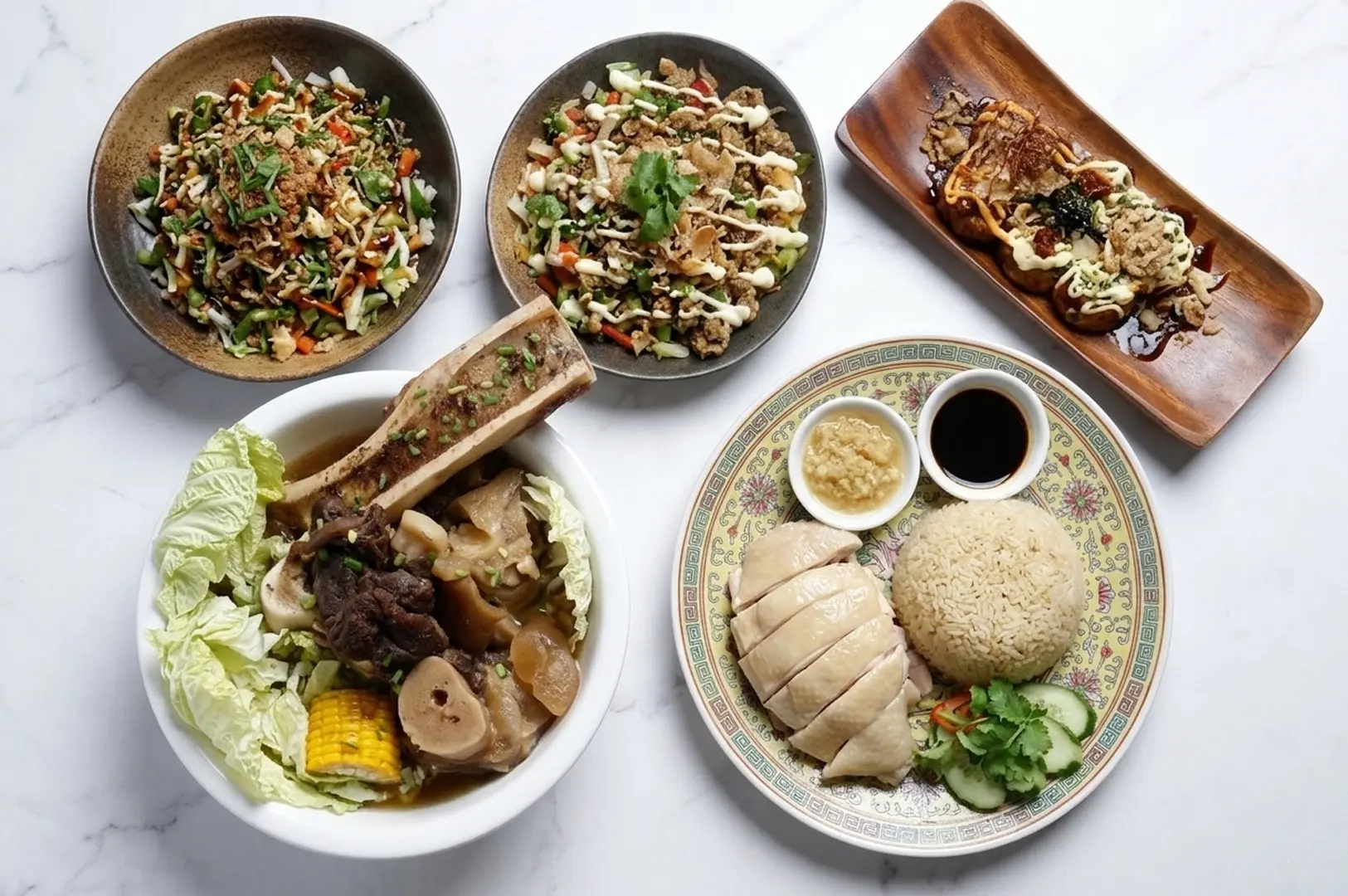 Overhead view of Singapore dishes including Hainanese chicken rice with poached chicken, rice, and condiments, plus other Asian fusion plates on marble surface