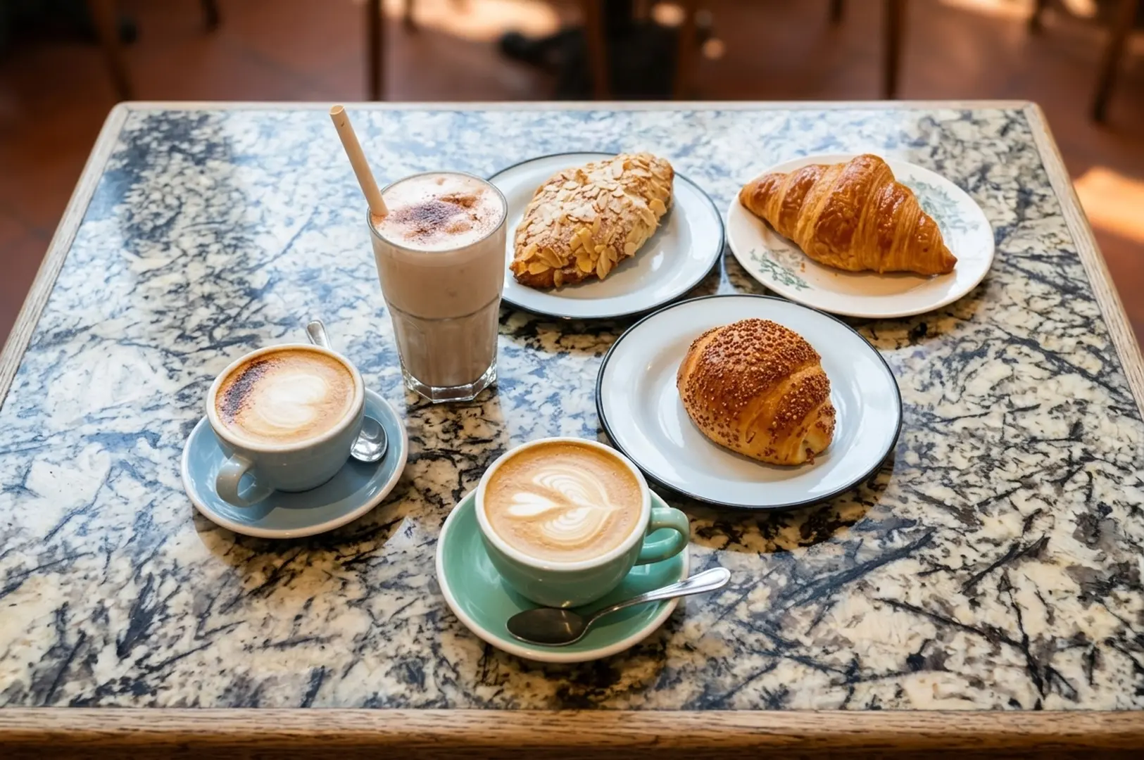 Marble table topped with three coffee drinks including lattes with latte art and an iced coffee, accompanied by croissants and pastries on white plates
