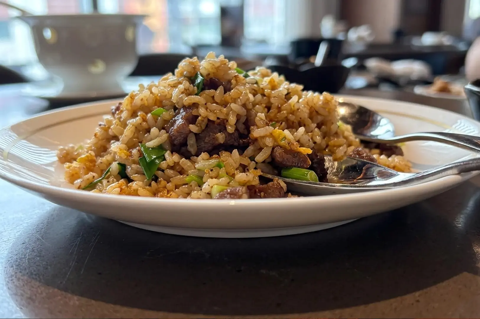 Savory fried rice with meat and green onions served on white plate at Sentosa restaurant