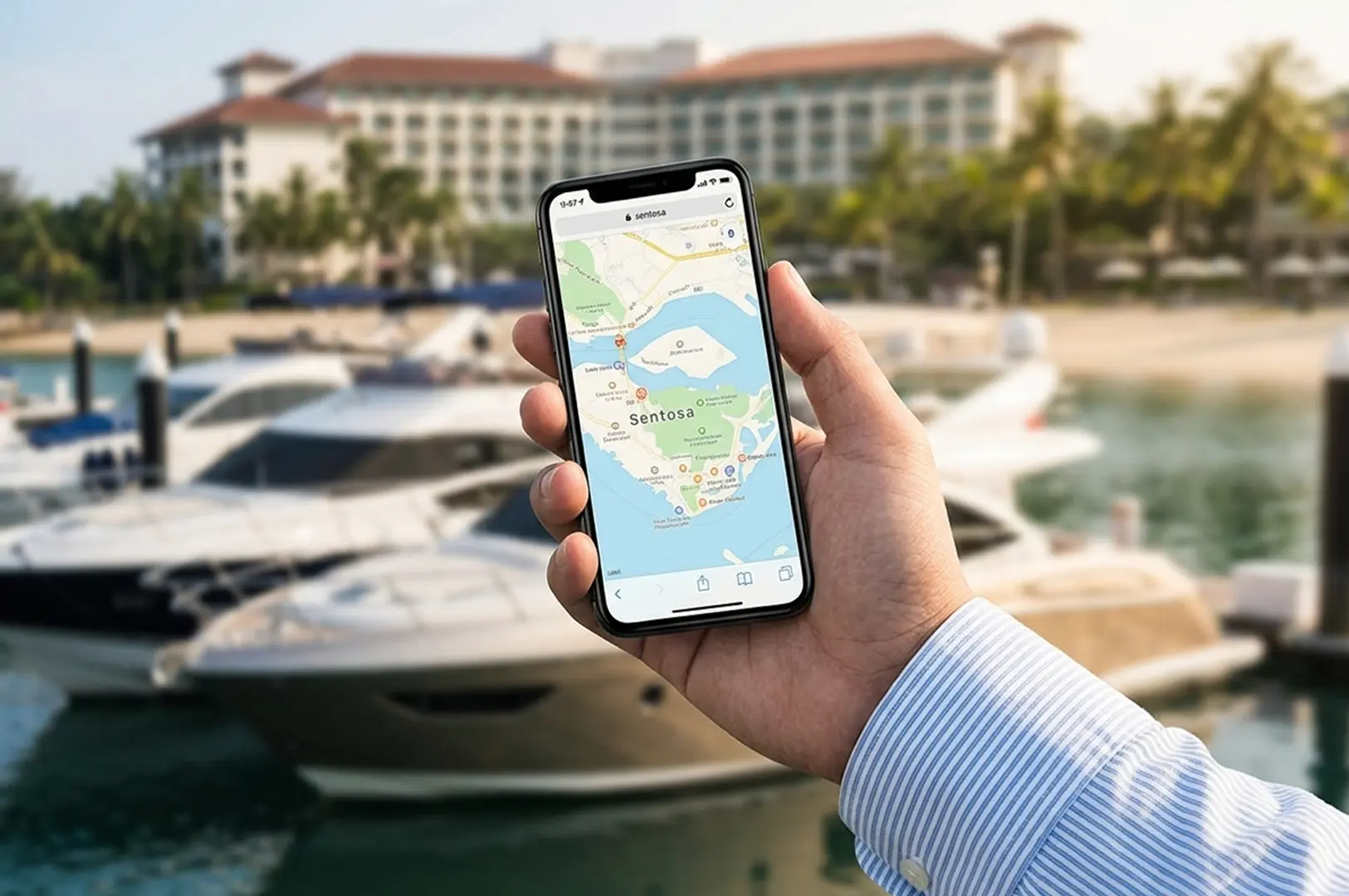 Hand holding smartphone displaying Sentosa map with luxury yachts and resort hotel in background