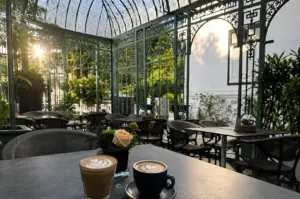 Two lattes with heart art on a black table at an outdoor cafe with green metal gates and plants