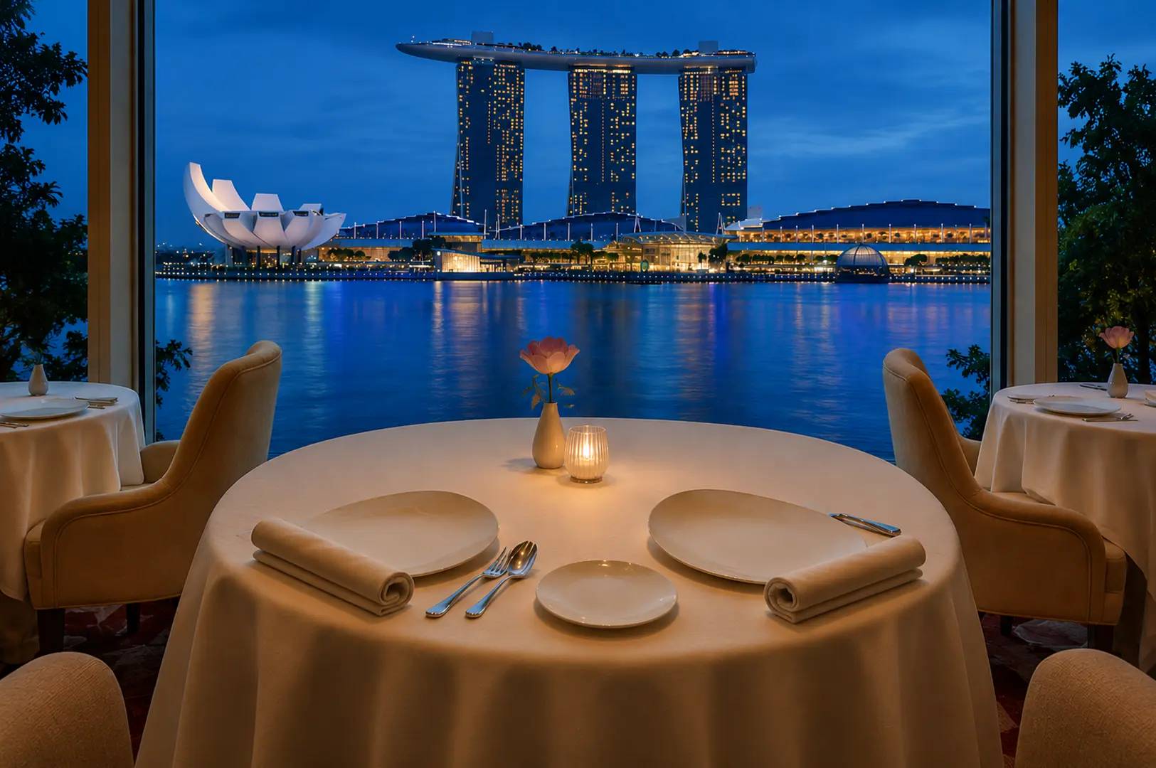 Elegant round dining table set for two with a stunning night view of Marina Bay Sands and the ArtScience Museum