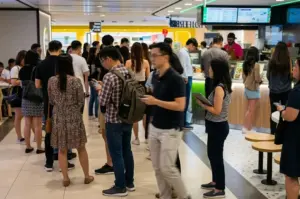Busy food court crowd queuing at counters during brunch time