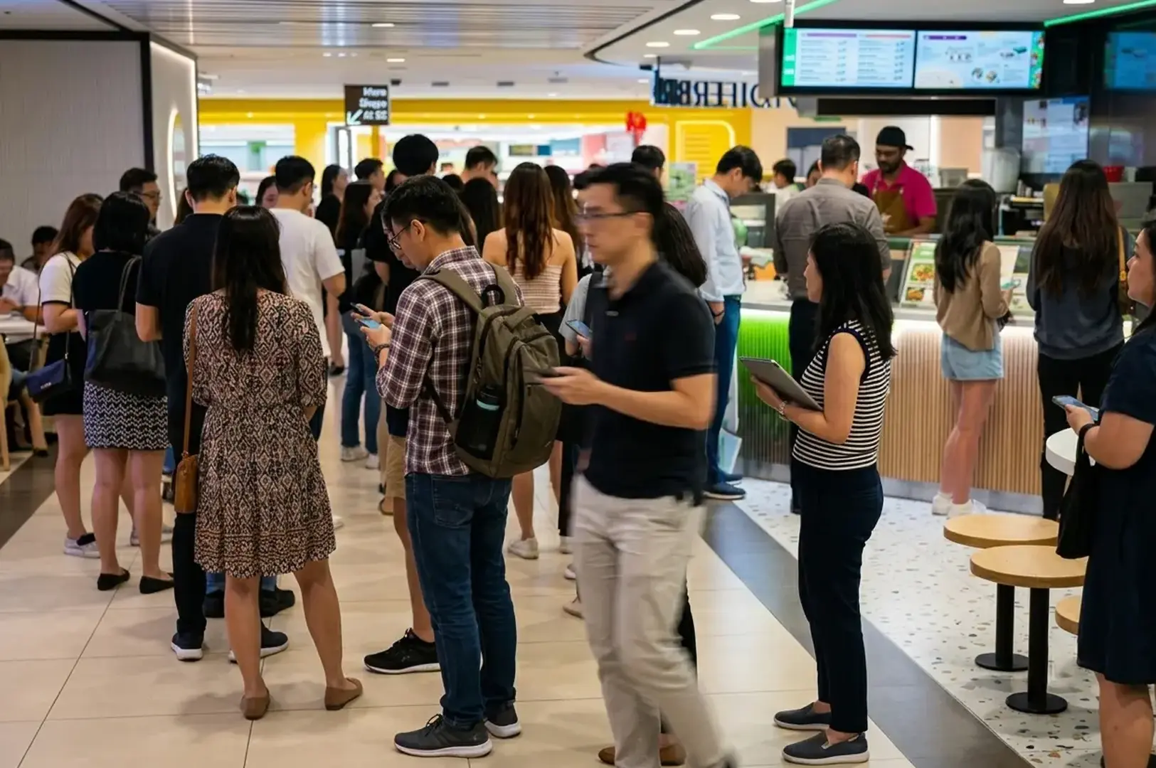 Busy food court crowd queuing at counters during brunch time