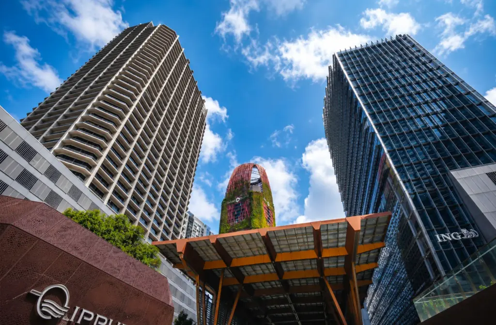 Guoco Tower rising above the Tanjong Pagar skyline in Singapore.